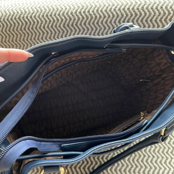 Milan Purse Shoulder Bucket Bag Navy Blue Canvas W/ Monogram White Double Handle - Picture 5 of 8